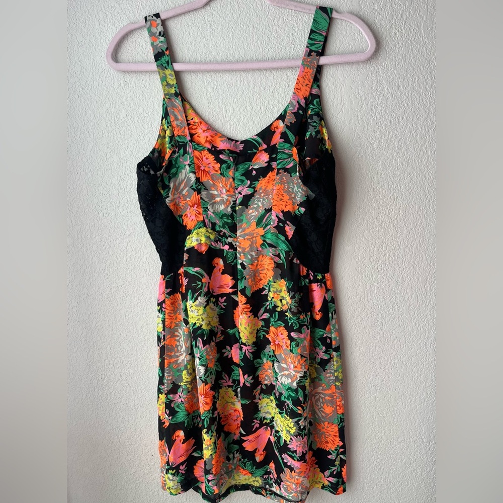 Multi- Colored Floral Dress with Black Lace detailing Size M